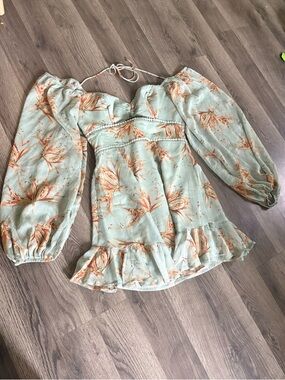 Sage Green Floral Long-Sleeve Peasant Dress